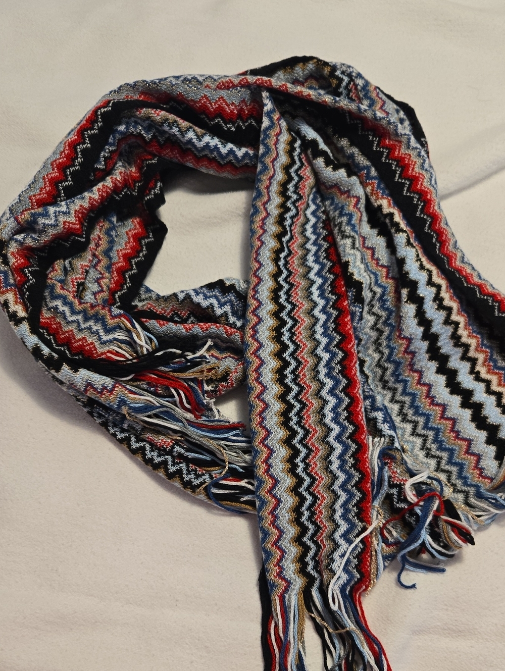 Missoni Multicolor Zigzag Knit CottonScarf with Fringe - Red, Blue, Black, White - Picture 2 of 11